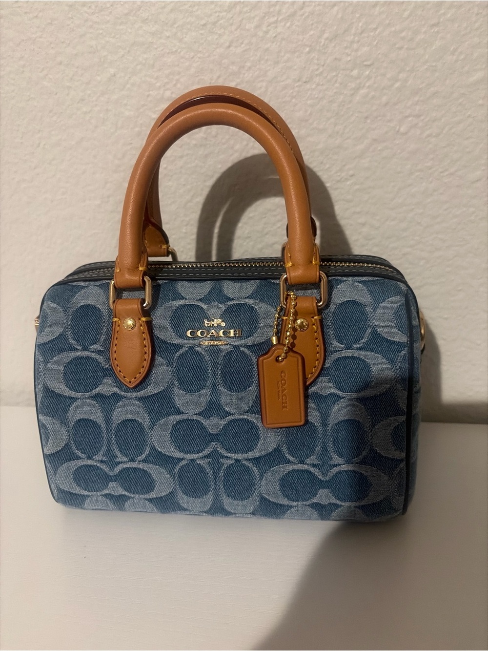 Coach Denim Signature Mini Satchel with Tan Leather Trim